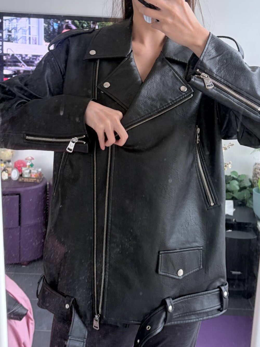 Oversized Faux Black Leather Biker Jacket with Belt